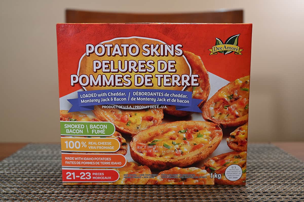 Image of the Costco Dee Amore Potato Skins box sitting on a table.