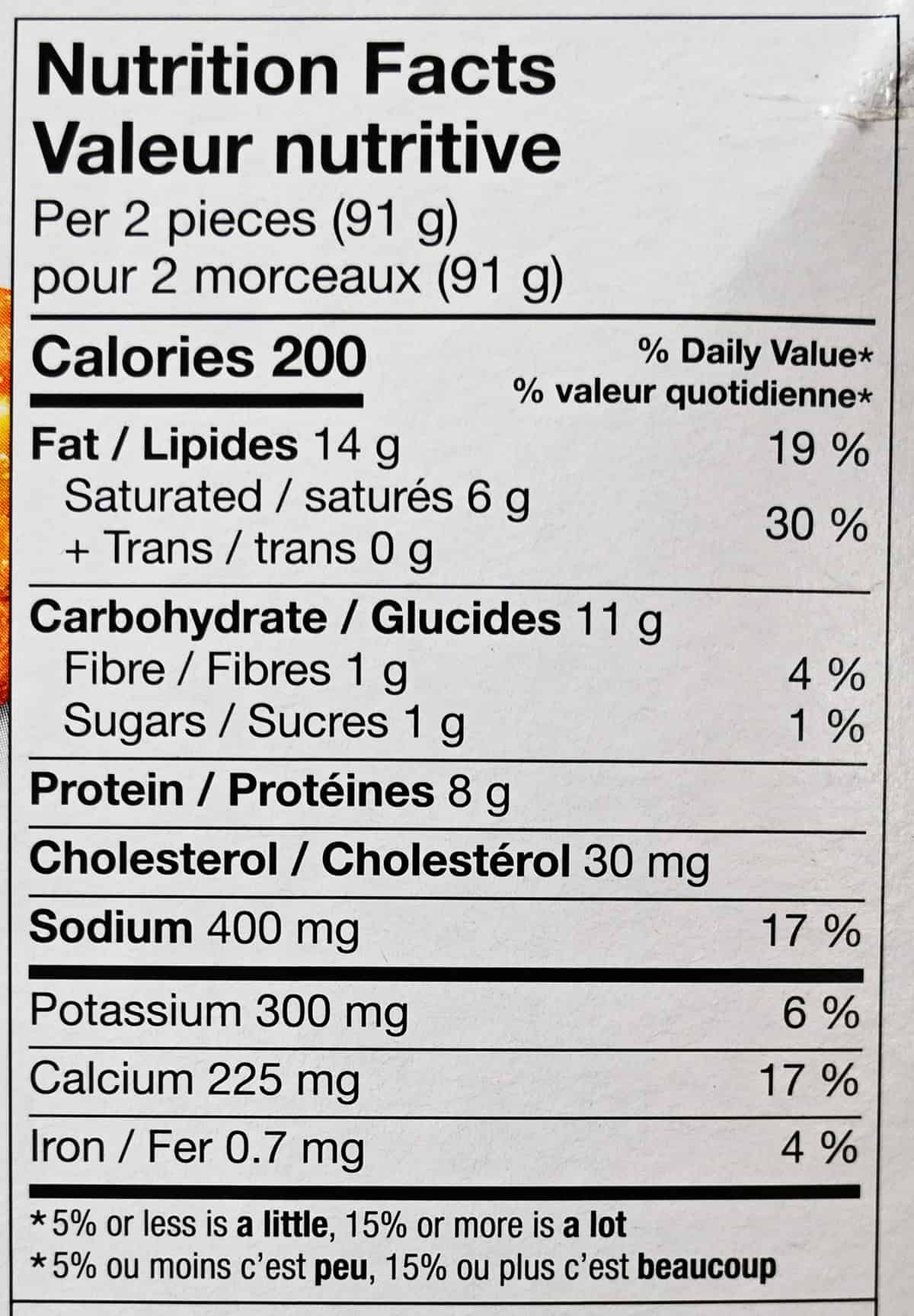 Image of the nutrition facts from the back of the box.