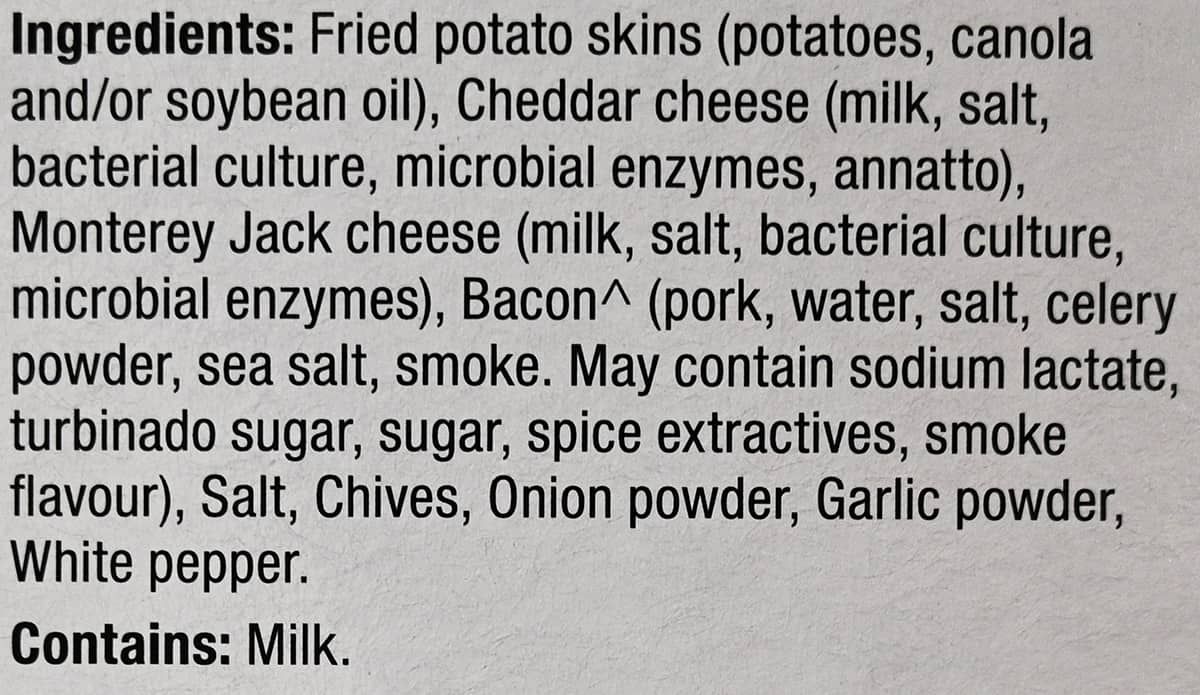 Image of the potato skins ingredients from the back of the box.