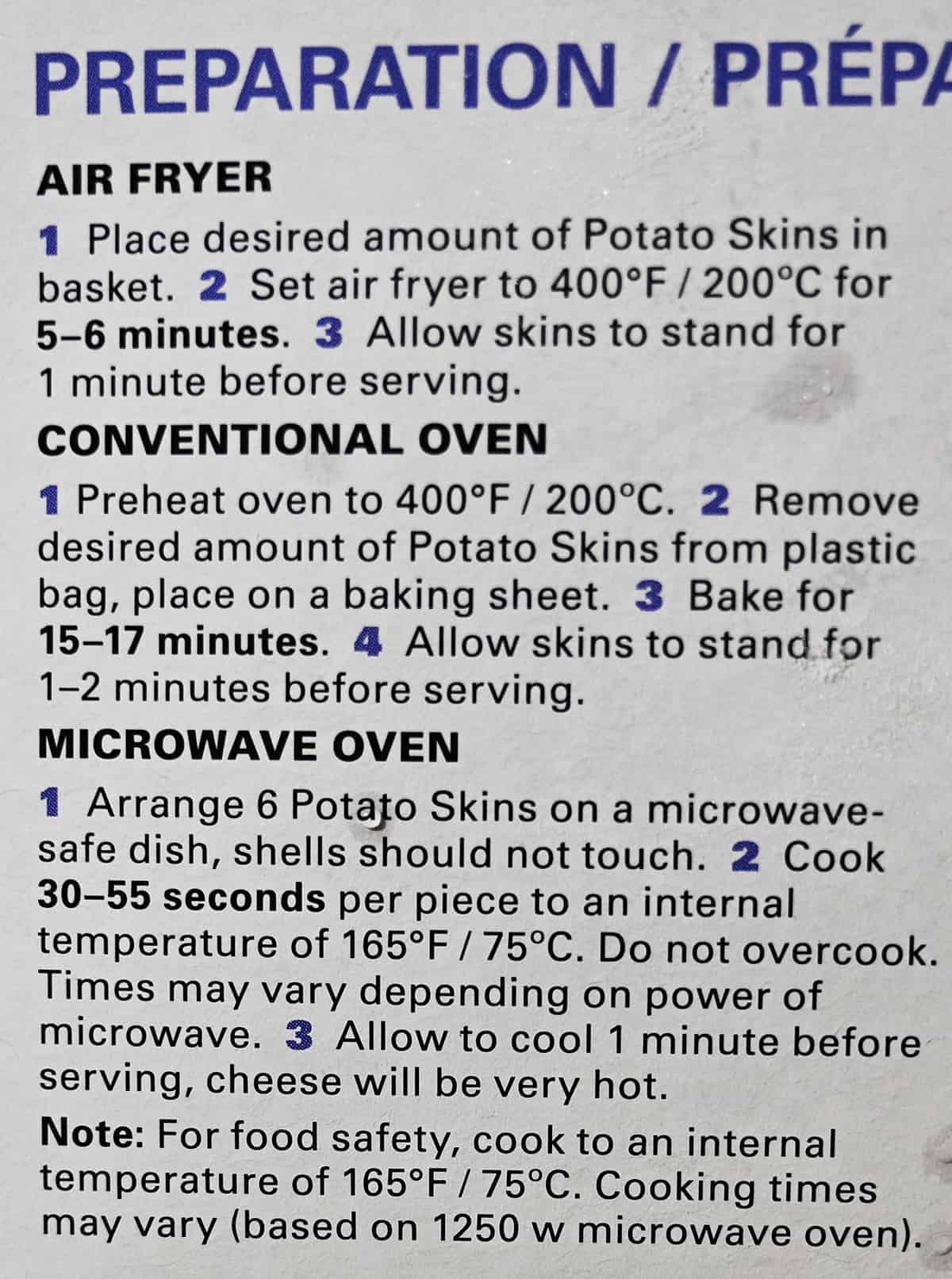 Image of the cooking instructions for the potato skins from the back of the box.