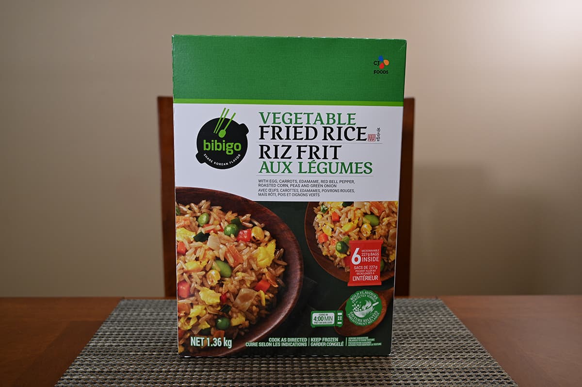 Image of the Costco Bibigo Vegetable Fried Rice box sitting on a table.