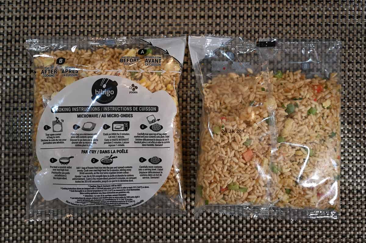 Image of the two bags of fried rice on a table, showing what the bags look like.