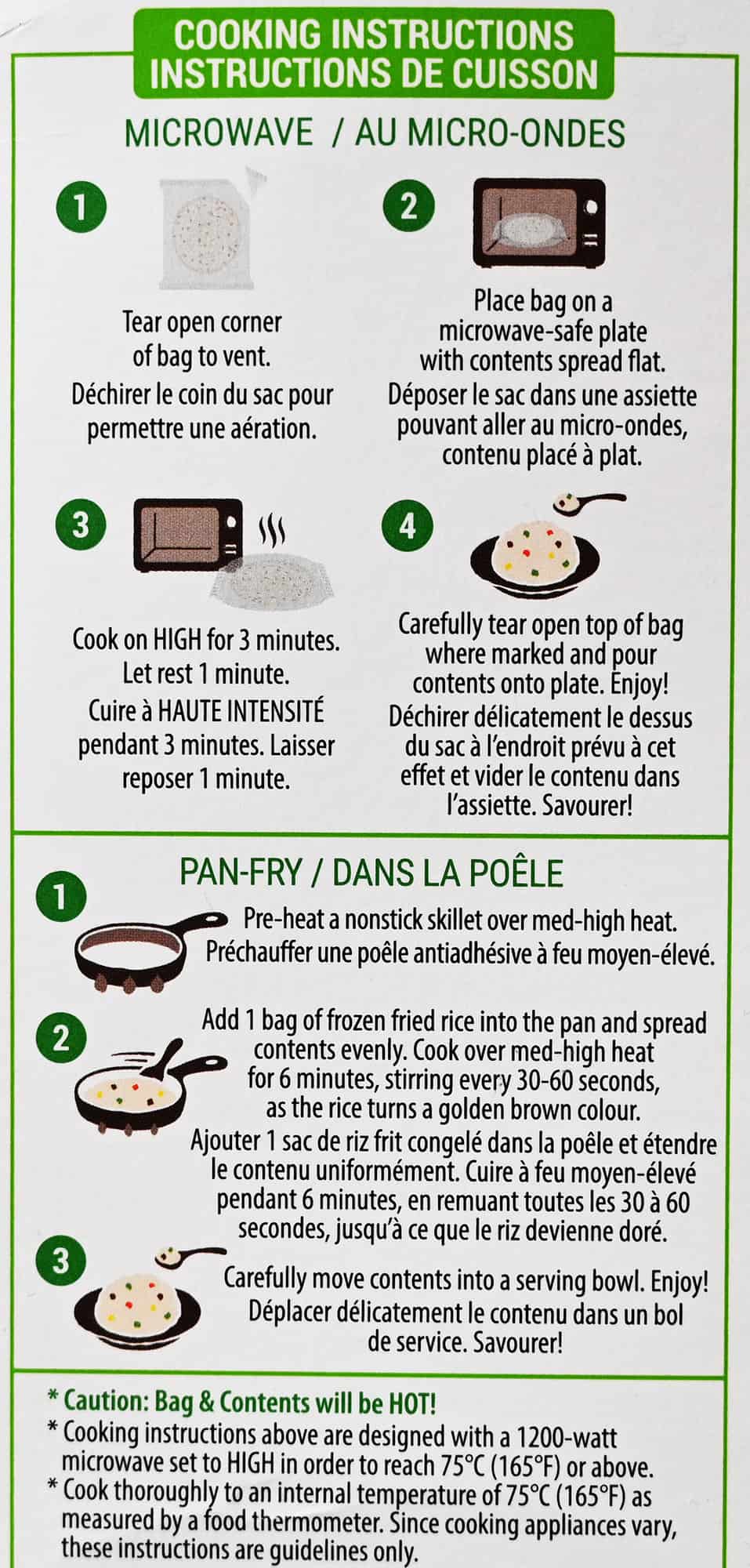 Cooking instructions from the back of the box for the vegetable fried rice.