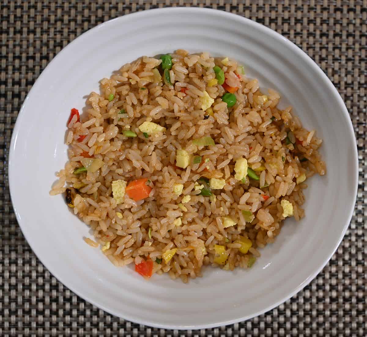 Top down image of a bowl of the vegetable fried rice from Costco.