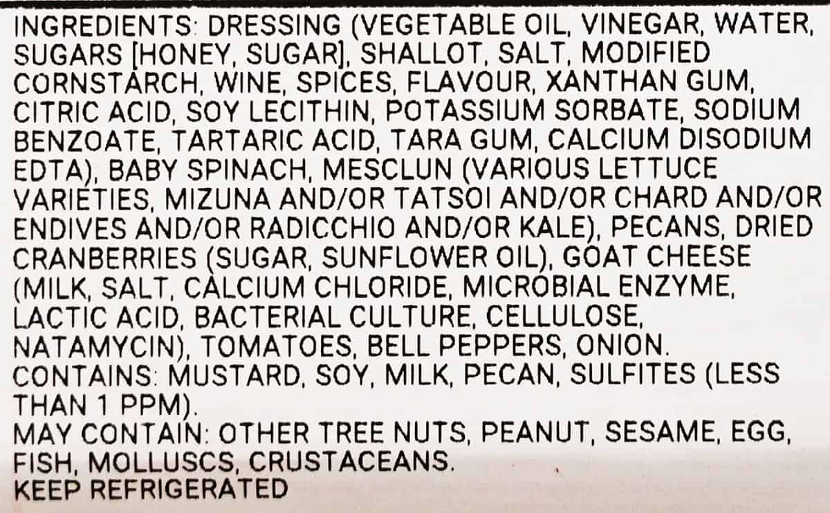 Closeup image of the ingredients list label from the container.