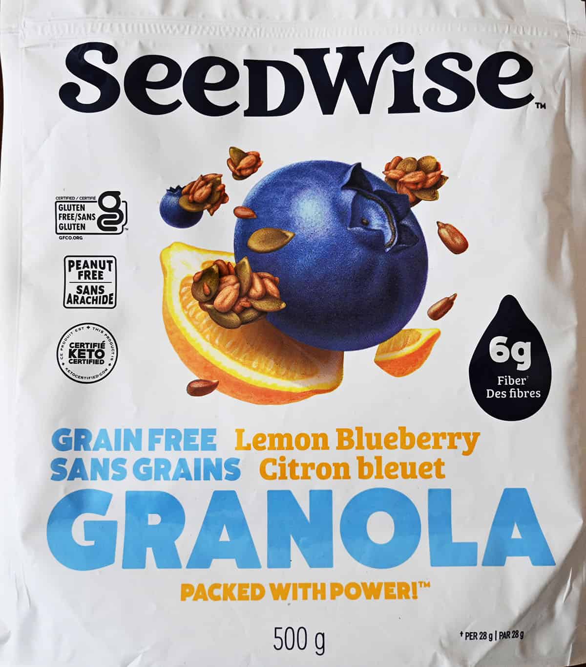 Closeup image of the front of the Seedwise granola bag.