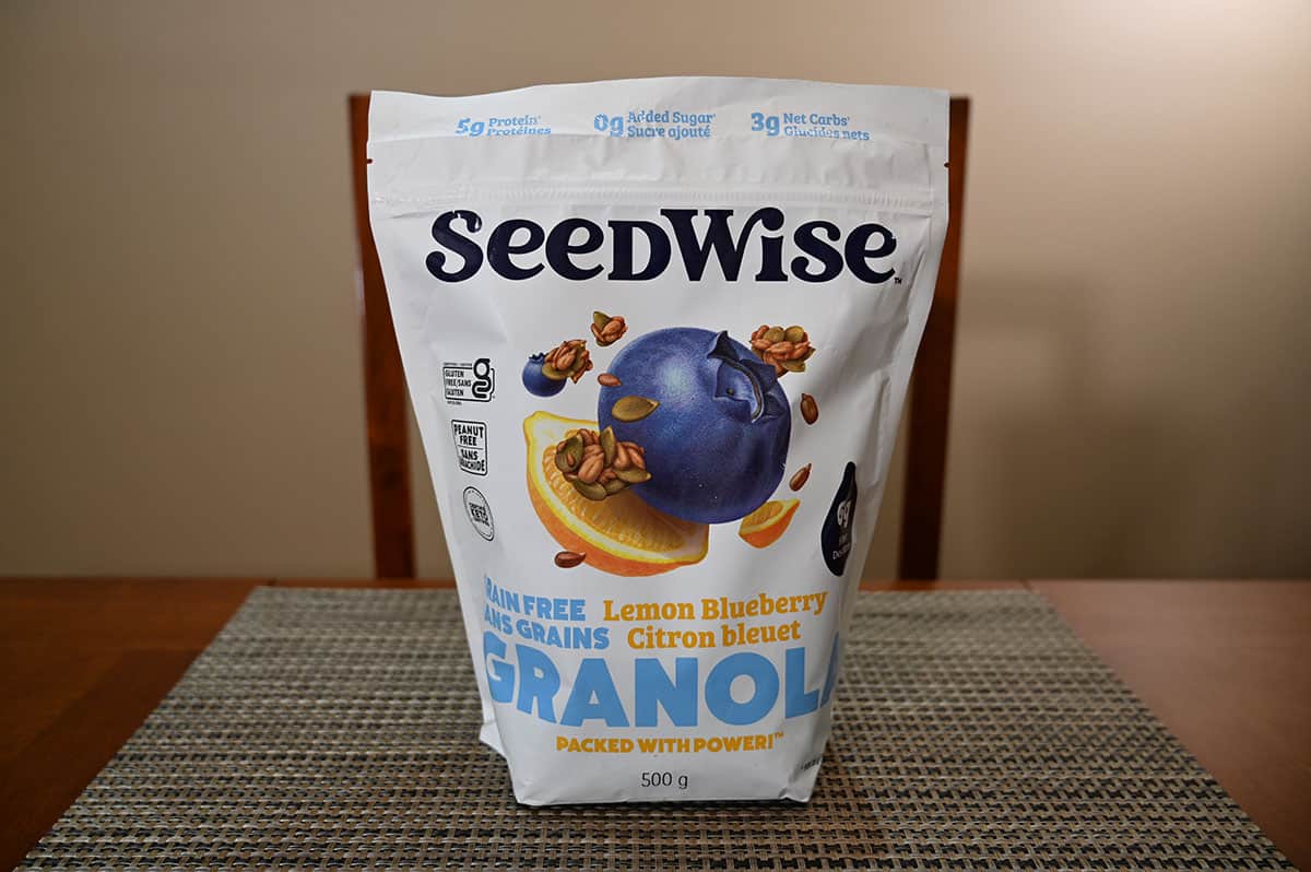 Image of the Costco Seedwise Grain-Free Lemon Blueberry Granola bag sitting on a table.
