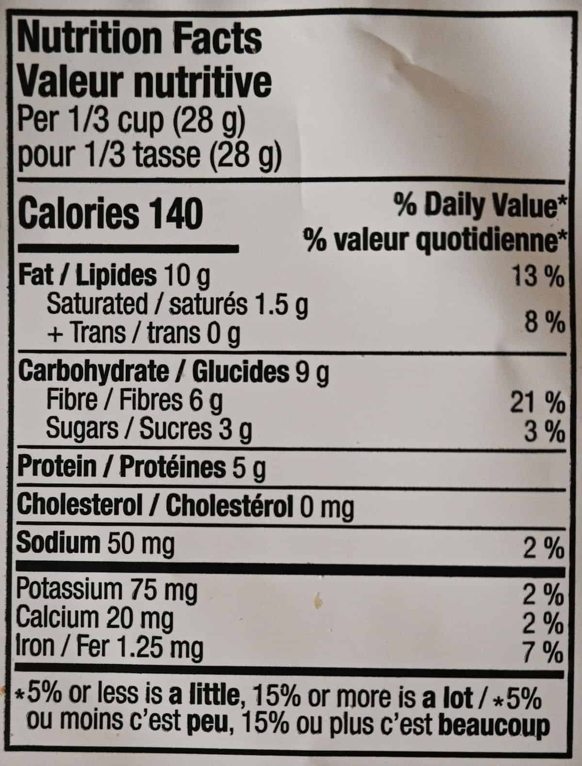 Image of the nutrition facts label from the bag of granola.