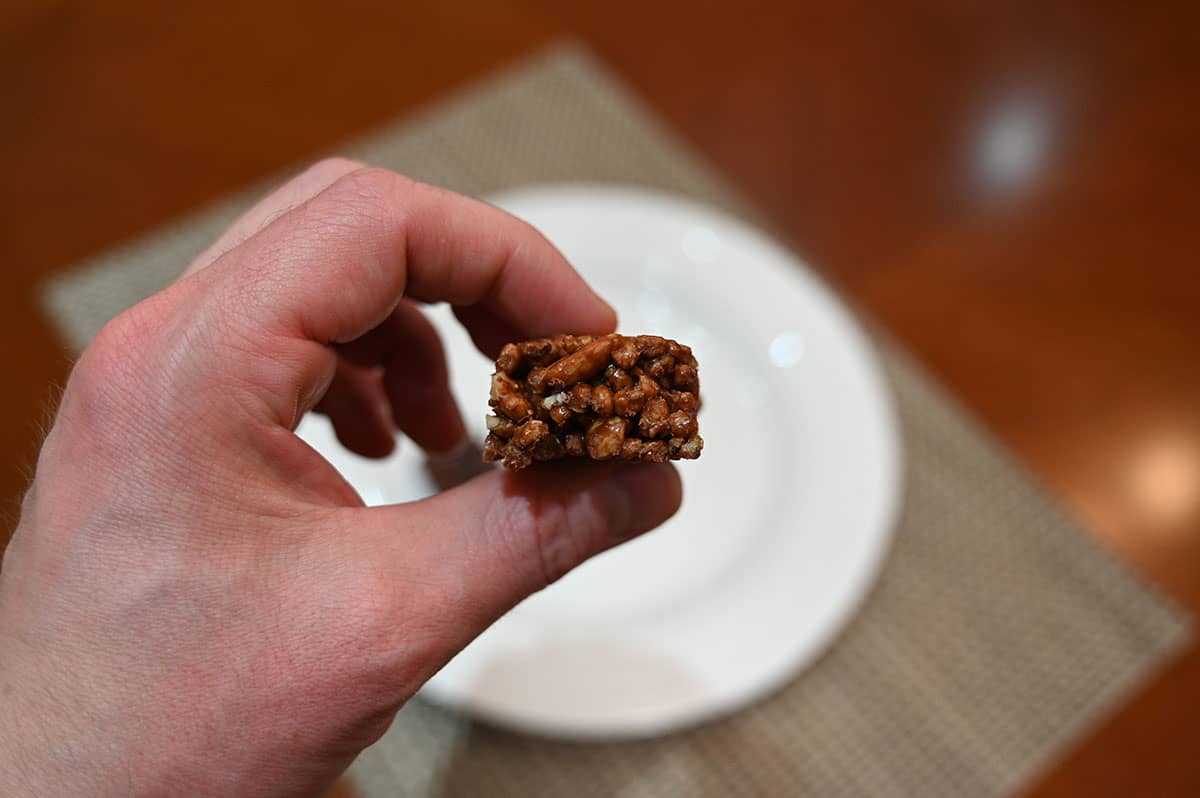 Image of the peanut butter chocolate bar, unwrapped with a bite taken out of it.