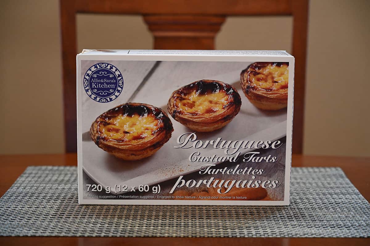 Image of the Costco Allie & Sara's Kitchen Portuguese Custard Tarts box sitting on a table.