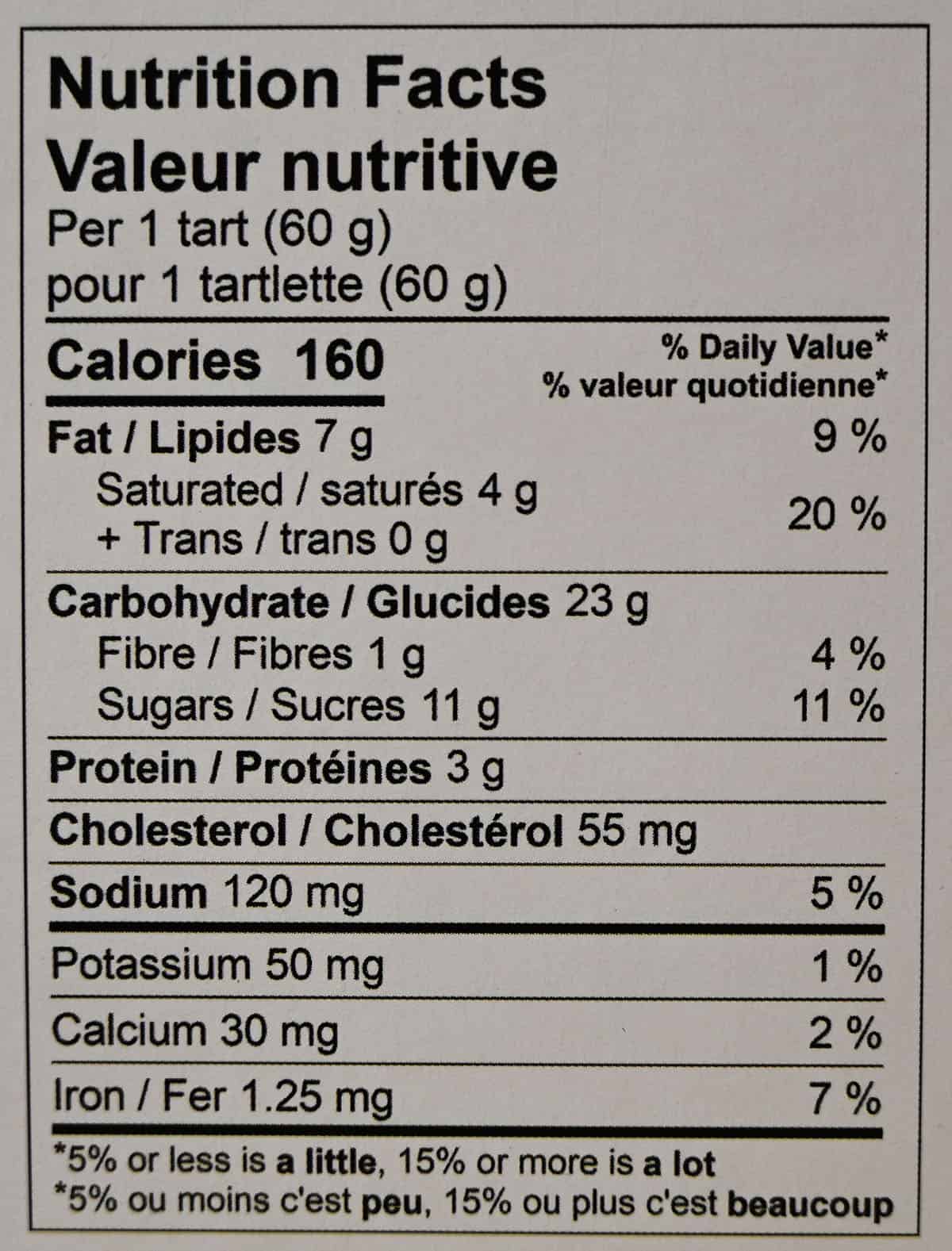 Image of the tart nutrition facts from the back of the box.