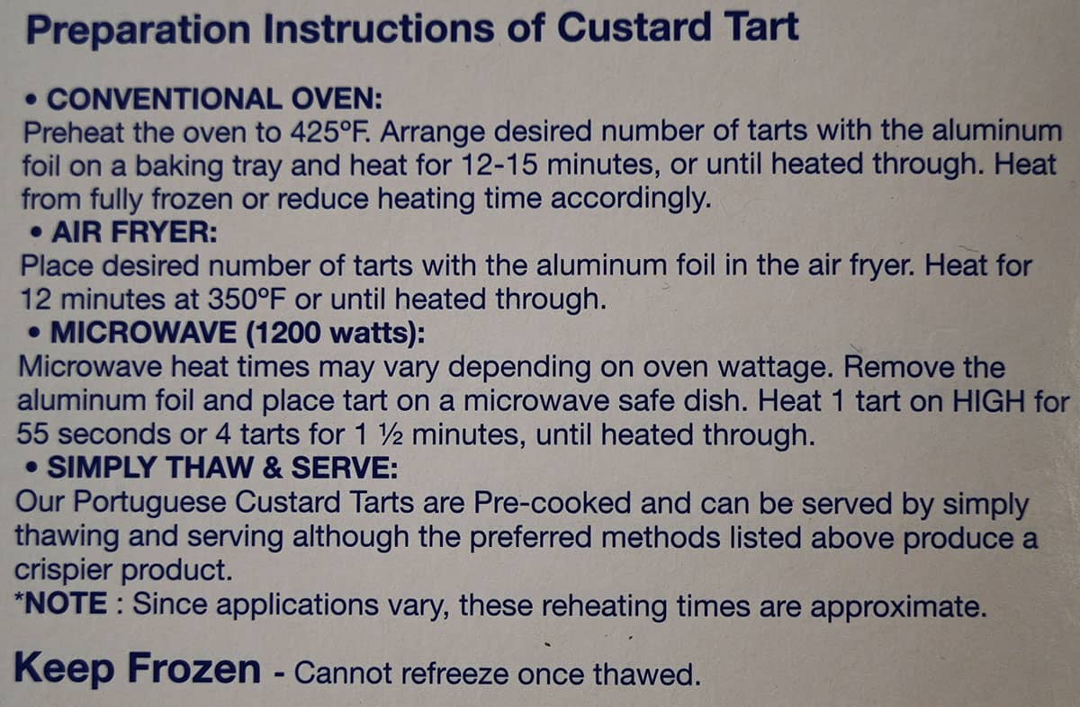 Image of the heating instructions for the tarts from the box. 