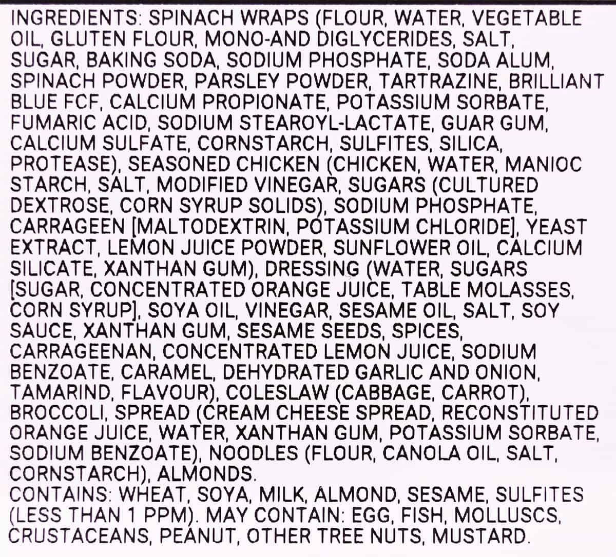 Image of the ingredients label from the Costco Asian Style Wraps.