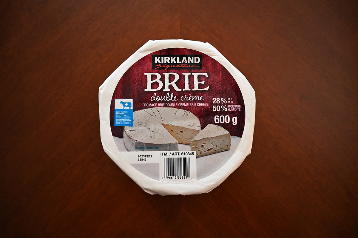 Image of the Costco Kirkland Signature Double Crème Brie on a table.