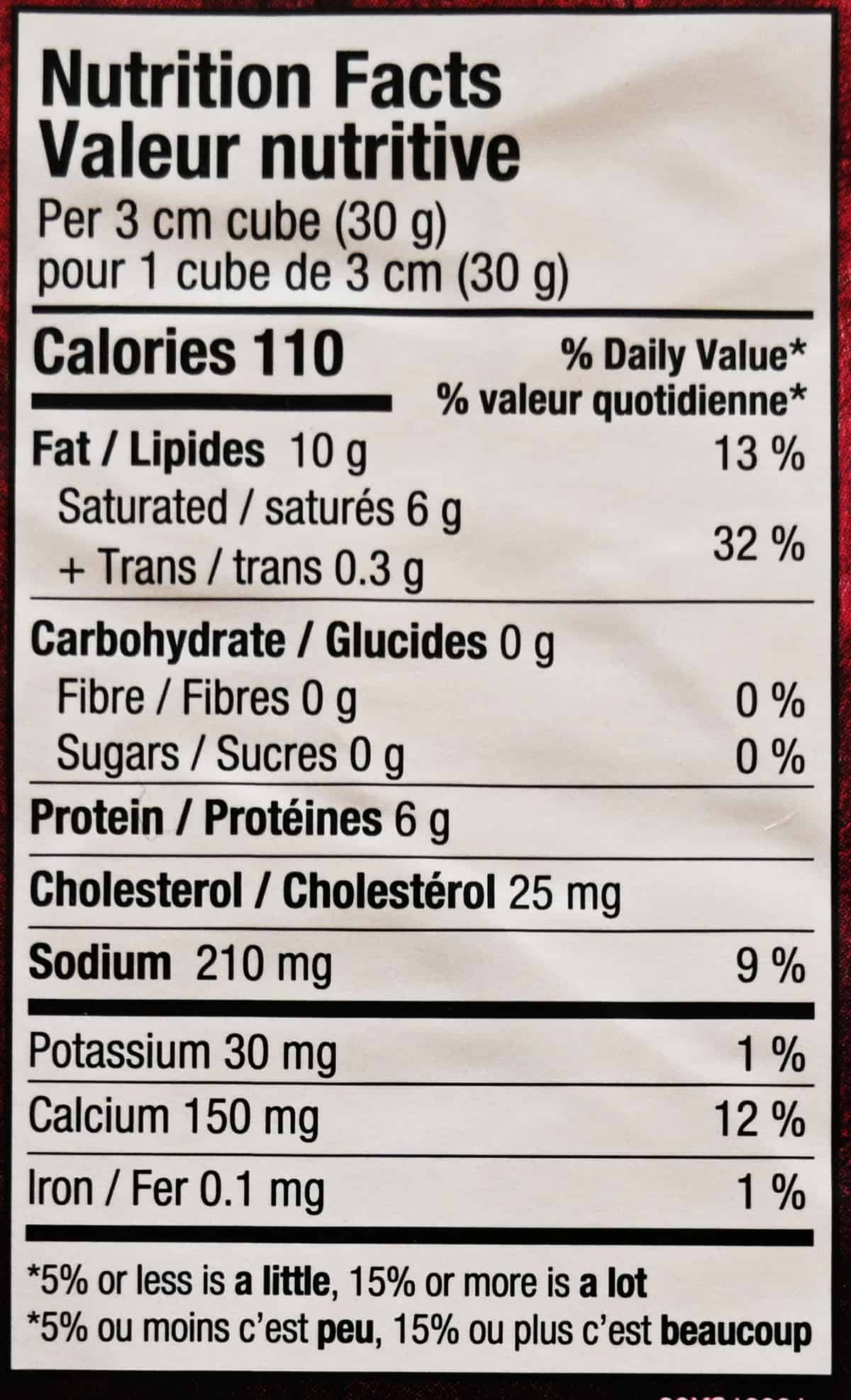 Image of the brie nutrition facts label from the package.