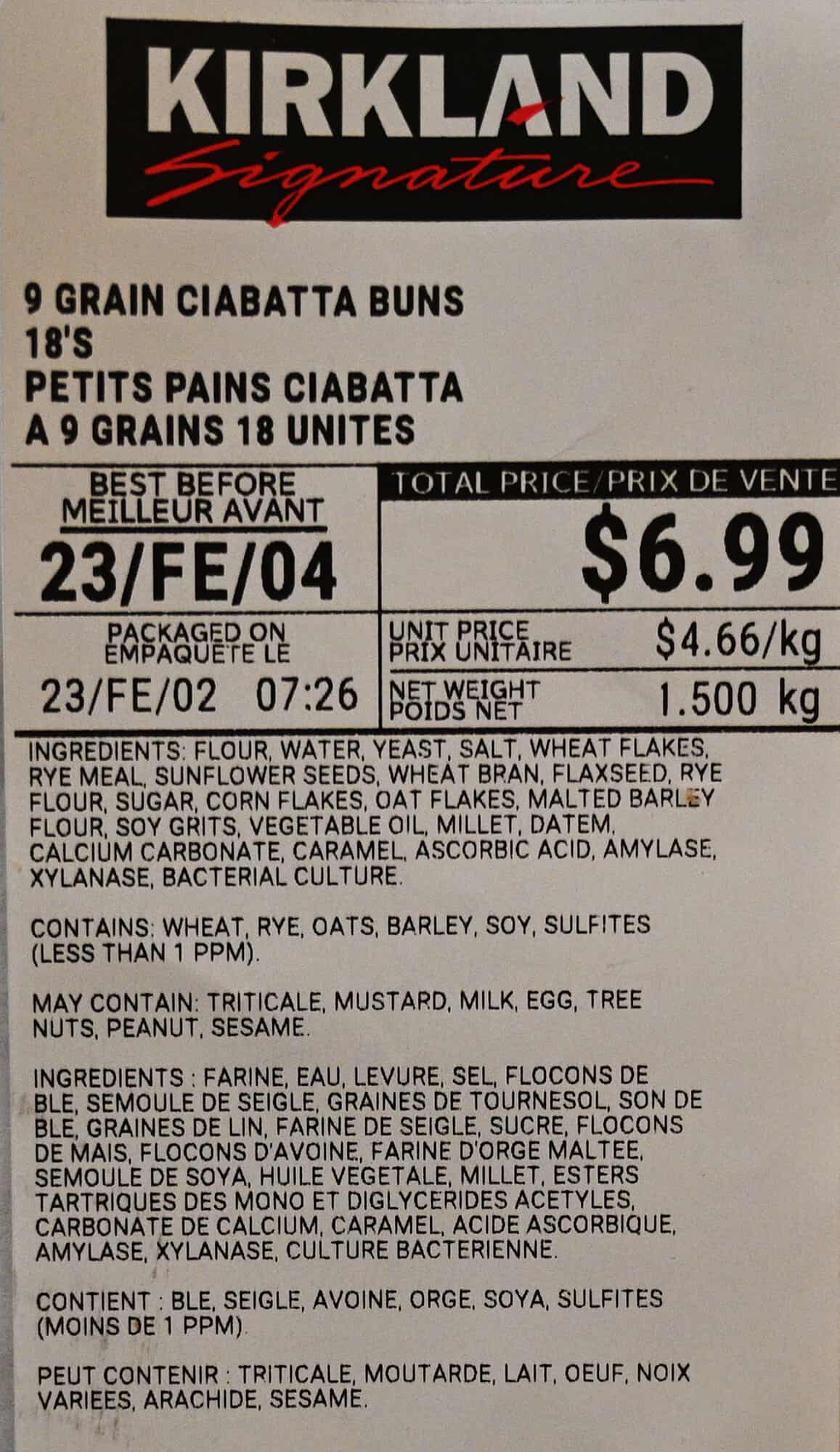 Image of the Costco Kirkland Signature 9 Grain Ciabatta Buns label from the bag.