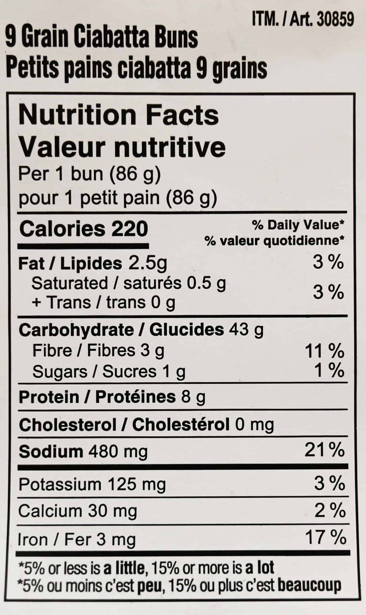 Image of the 9 grain ciabatta buns nutrition facts label from the bag.