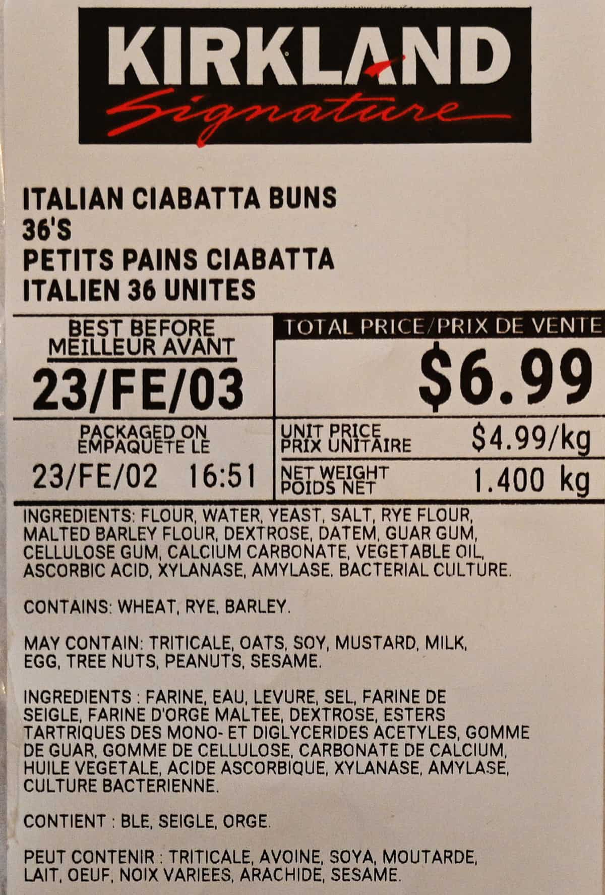 Image of the Costco Kirkland Signature Italian Ciabatta Buns label from the bag.