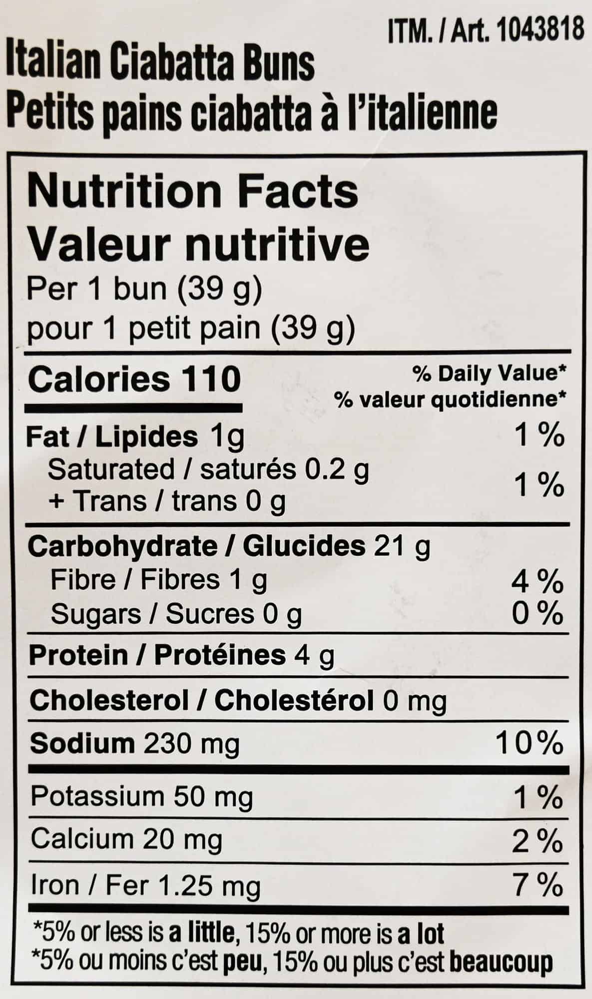 Image of the Italian ciabatta buns nutrition facts label from the bag.