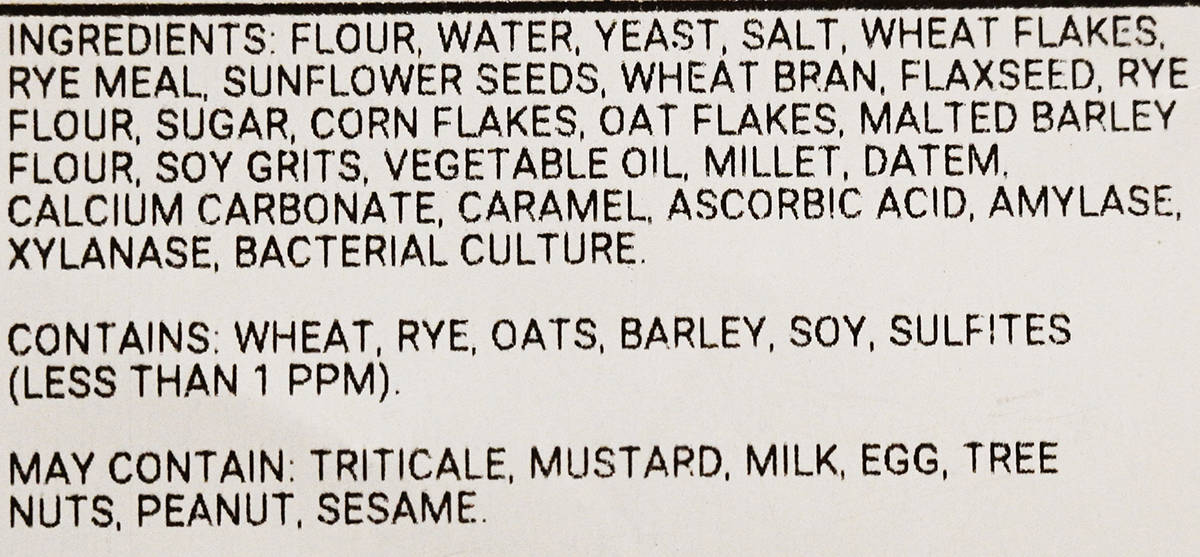 Image of the 9 grain ciabatta buns ingredients label from the bag.