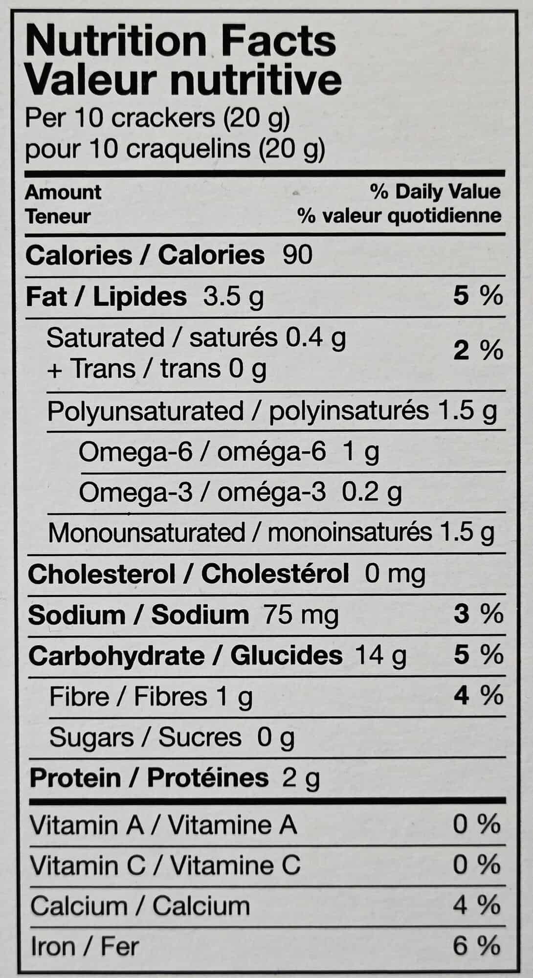 Nutrition facts label for the crackers from the box.