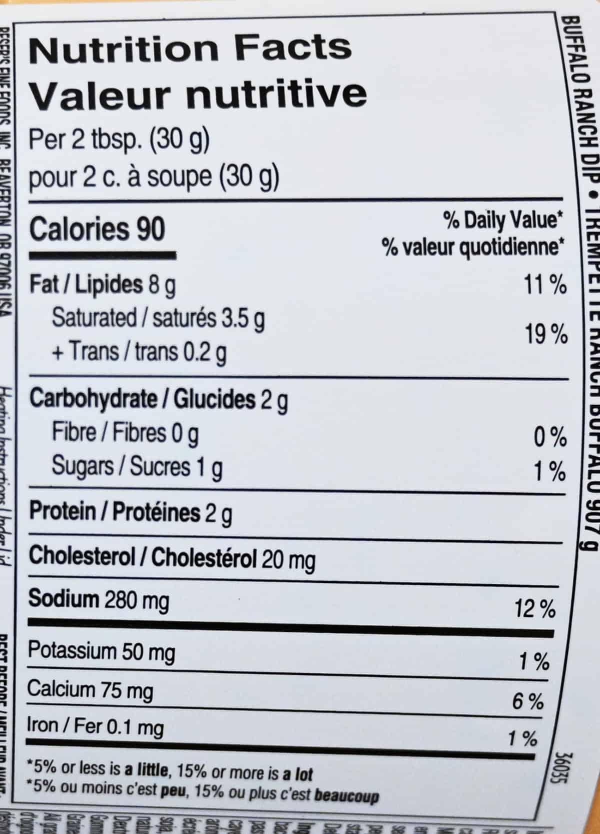 Image of the nutrition facts label for the dip from the container.