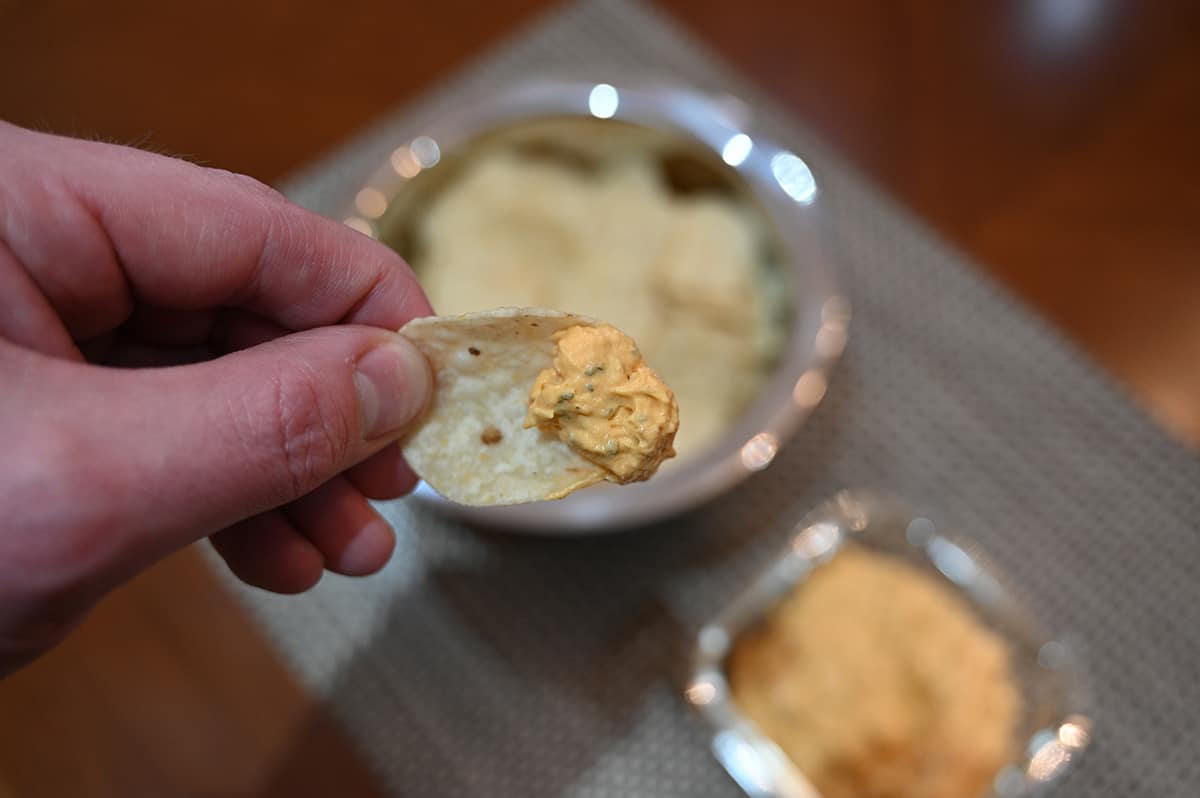 Closeup image of a hand holding a tortilla chip with dip on it with the bowl of dip in the background.