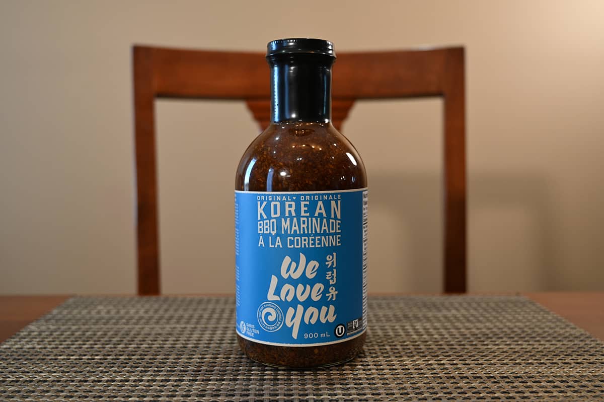 Image of the Costco We Love You Korean BBQ Marinade bottle sitting on a table.