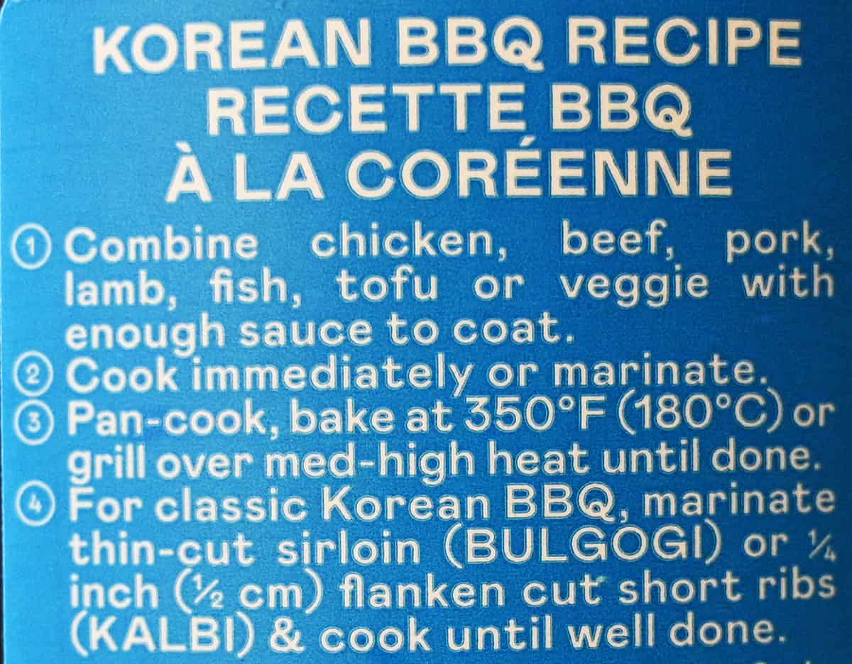 Image of a Korean BBQ recipe from the back of the bottle.