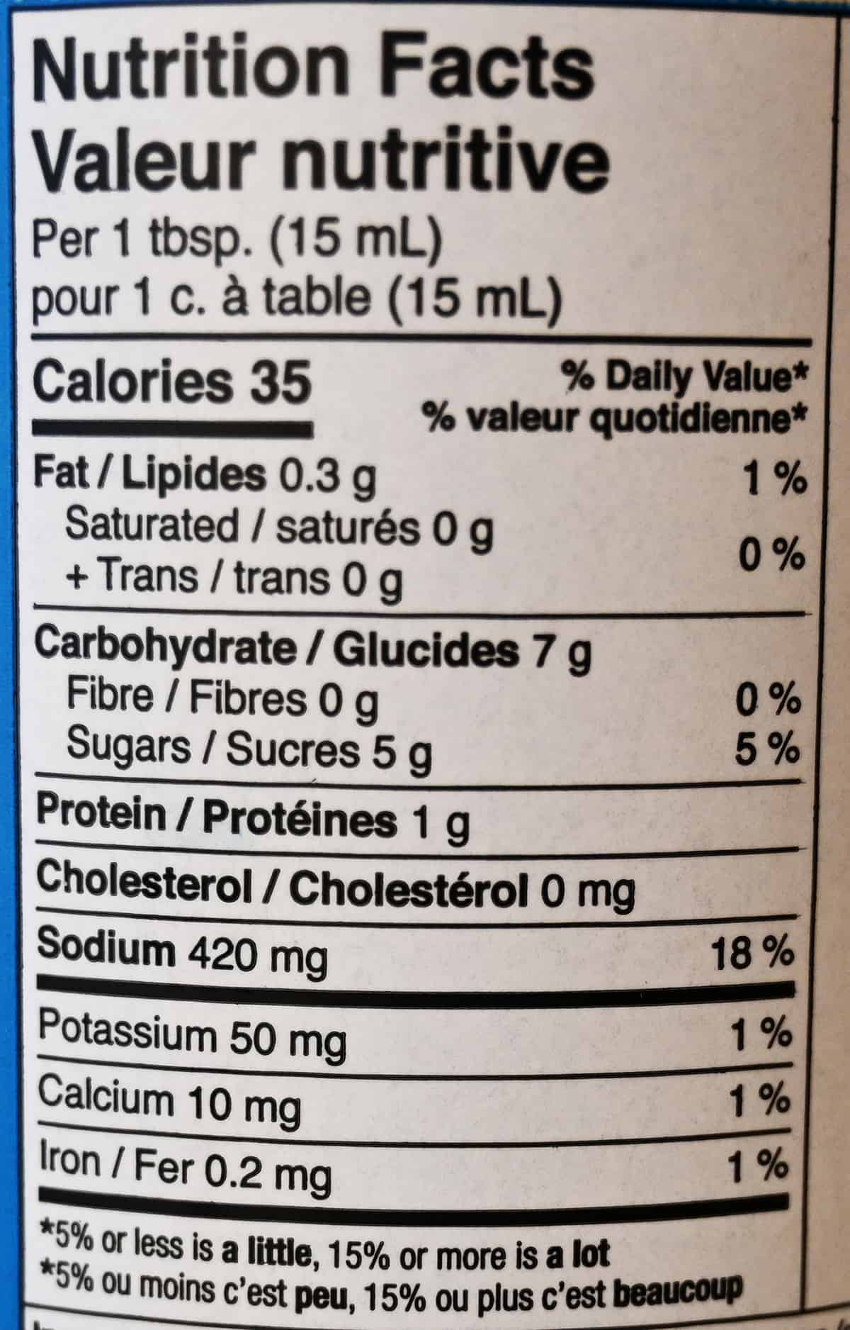 Image of the nutrition facts from the back of the bottle.