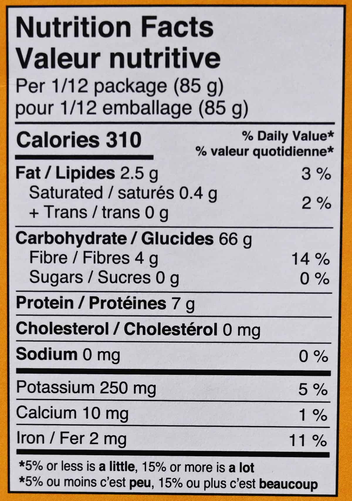 Image of the nutrition facts label from the box.