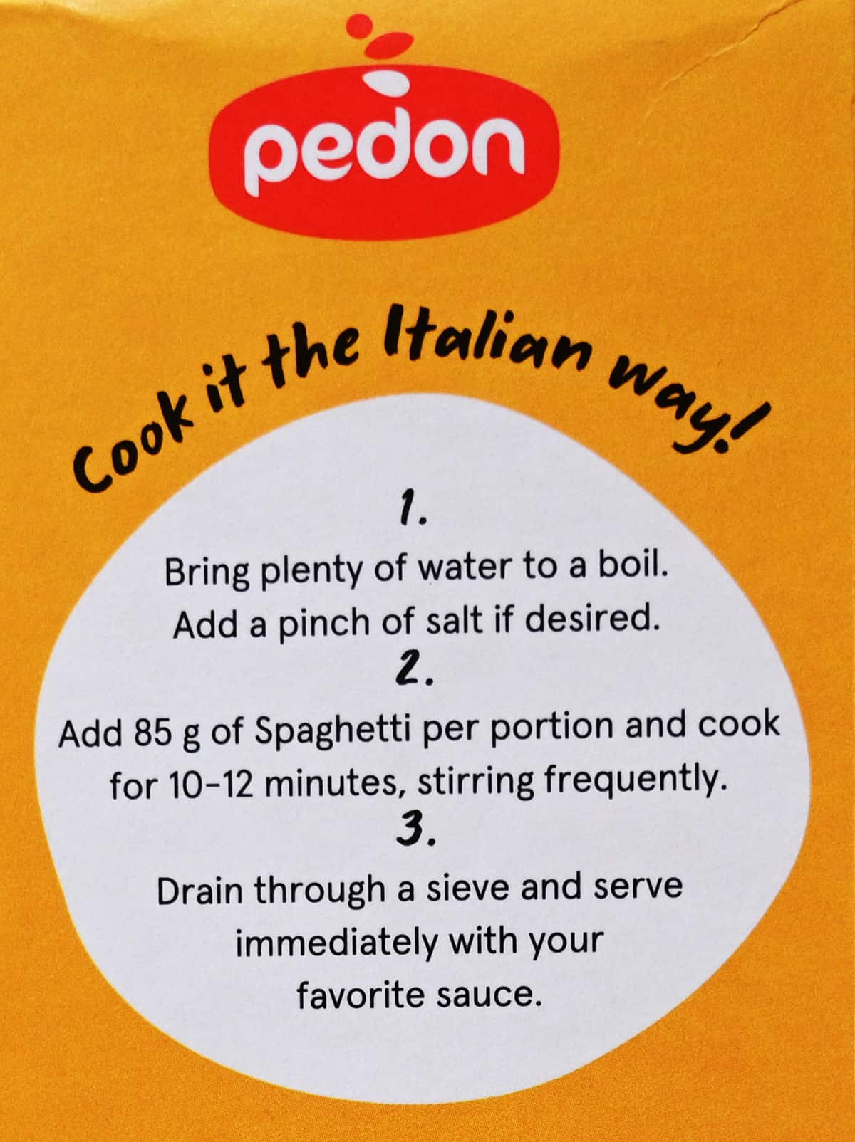 Image of the cooking instructions for the spaghetti from the box.