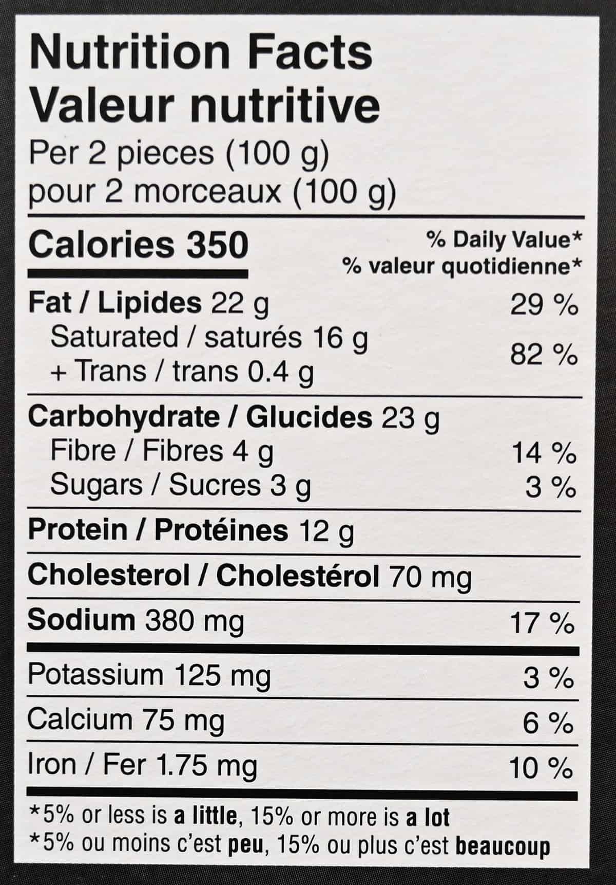 Image of the pastry nutrition facts from the package.