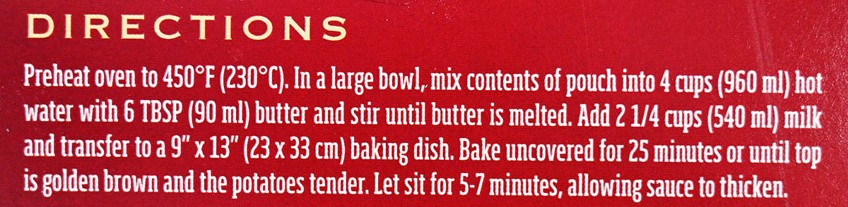 Image of the preparation directions for the potatoes from the back of the box.