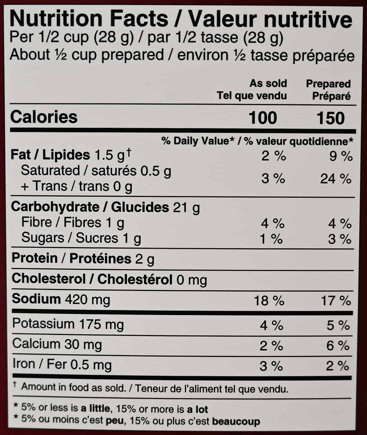 Image of the nutrition facts for the potatoes from the back of the box.