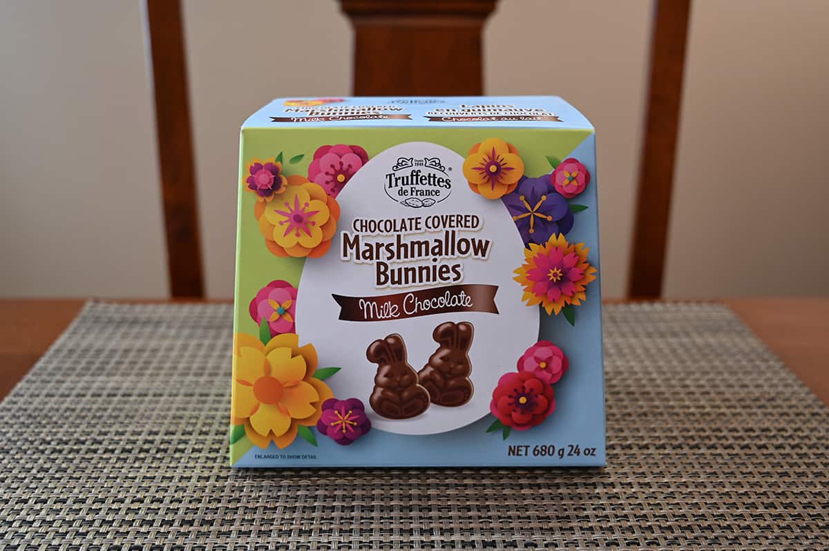 Image of the Costco Truffettes De France Chocolate Covered Marshmallow Bunnies box sitting on a table.