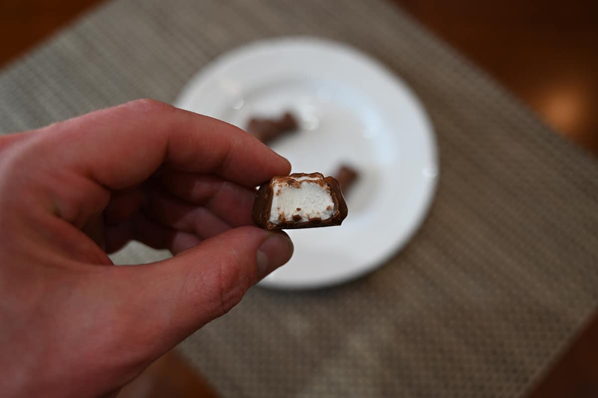 Closeup image with a hand holding one chocolate covered bunny with a bite taken out of it so you can see the marshmallow center.