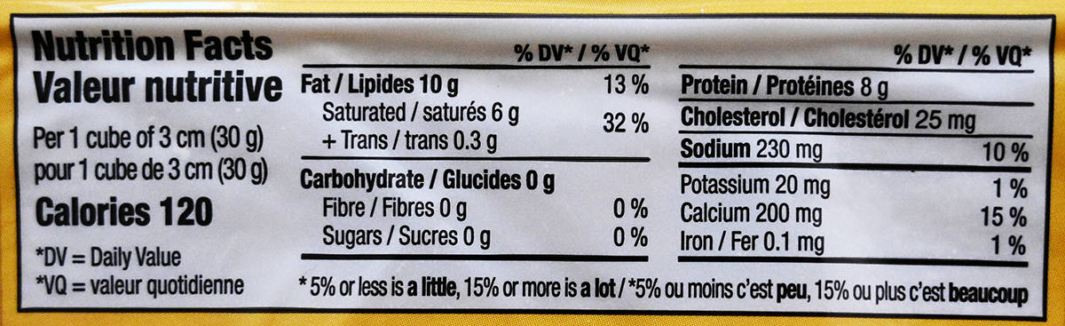 Image of the nutrition facts from the back label of the cheese.