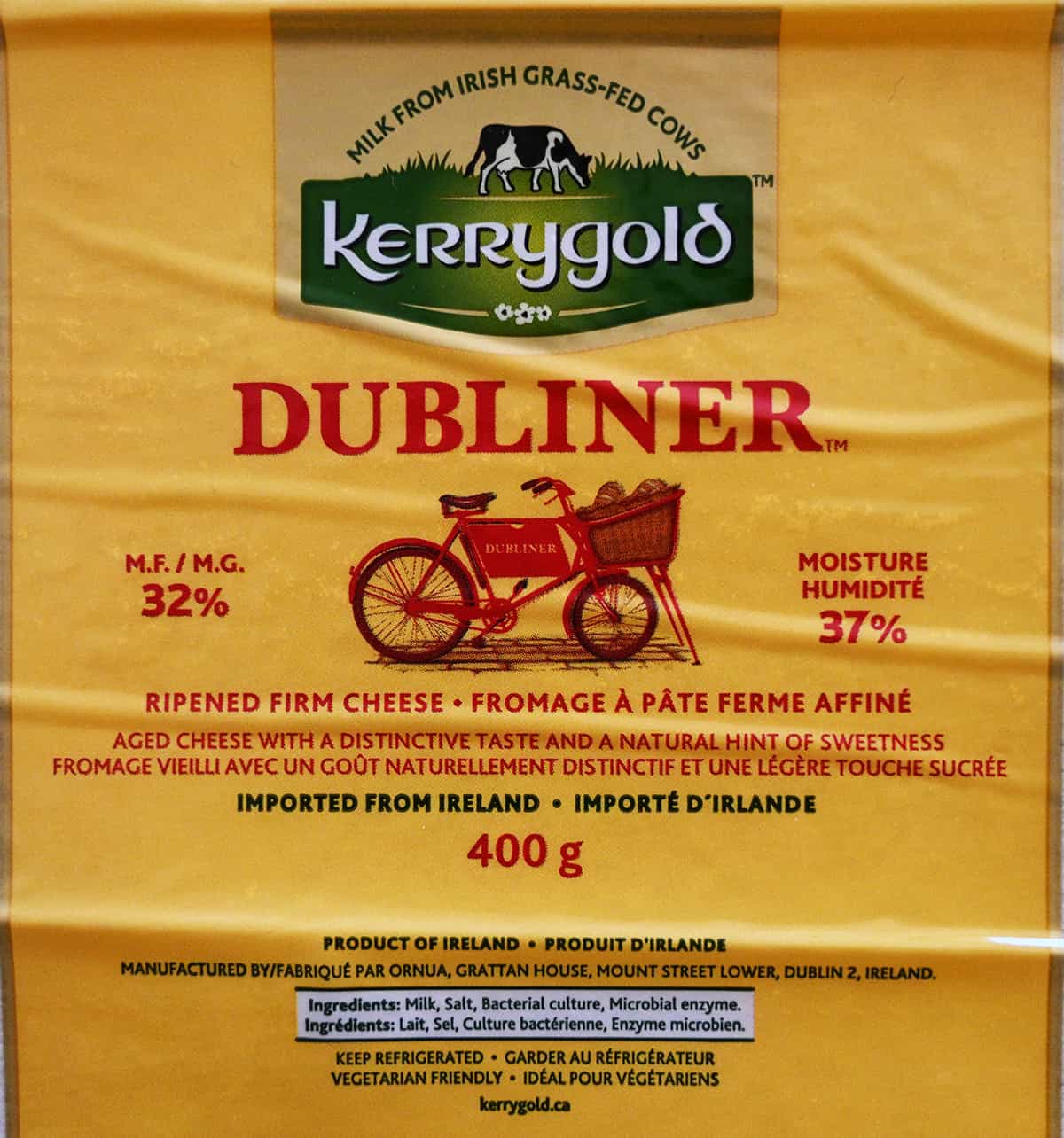 Closeup image of the front label of the Kerrygold Dubliner cheese.