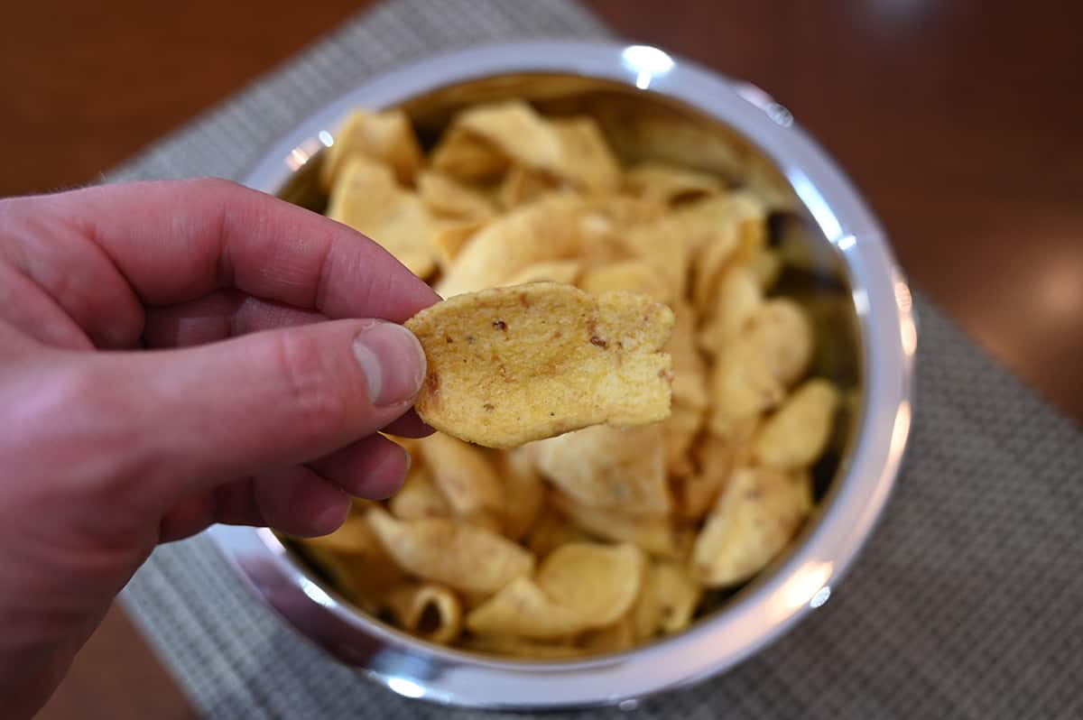 Closeup image of a hand holding one corn chip dipper close to the camera with the bowl in the background.