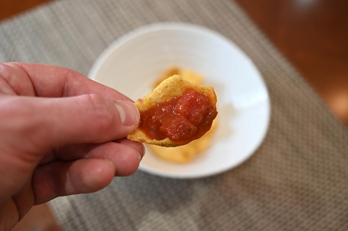 Closeup image of a hand holding one corn chip with salsa on it.