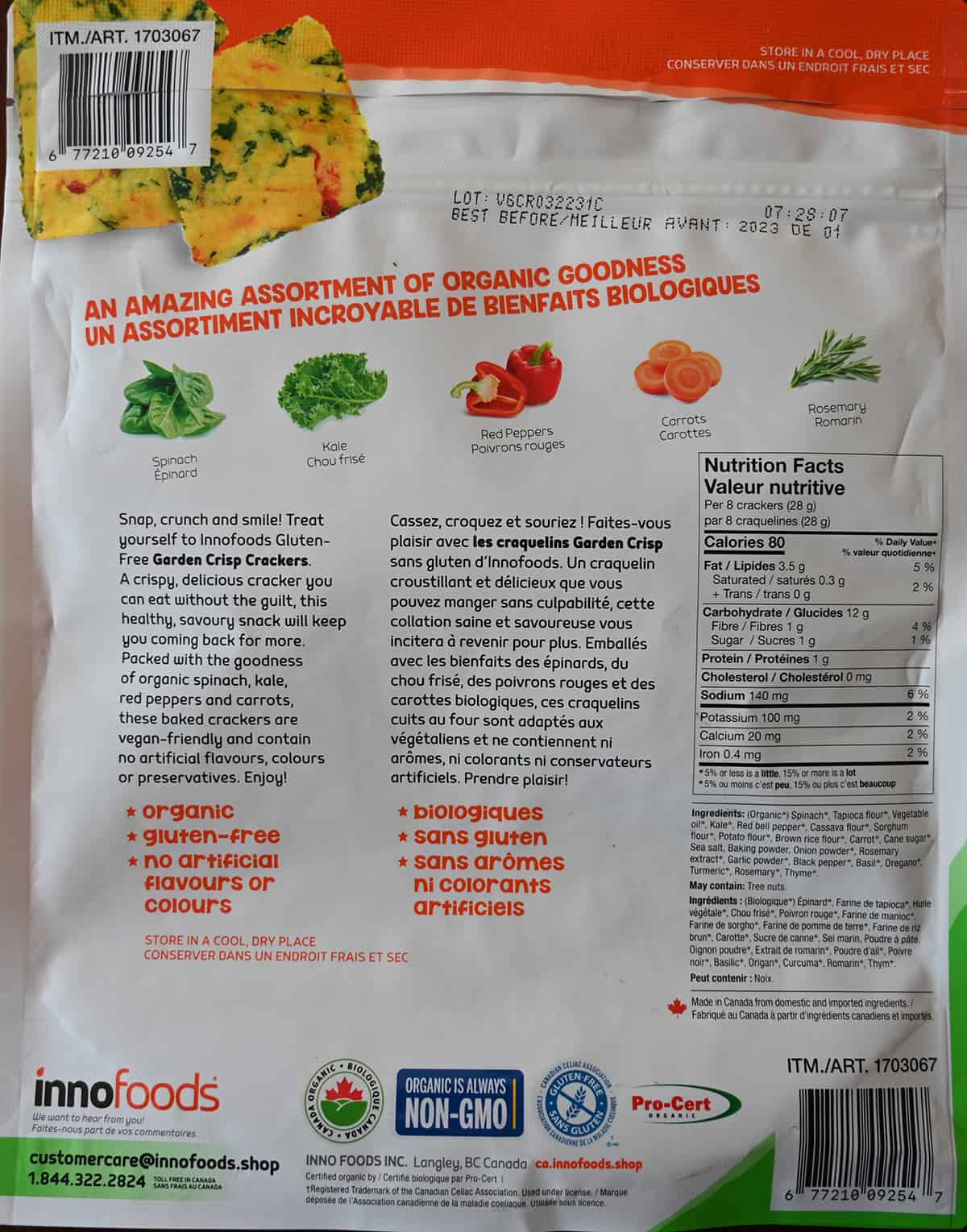 Image of the back of the bag of crackers showing they're gluten-free, organic and have no artificial flavors or colors.