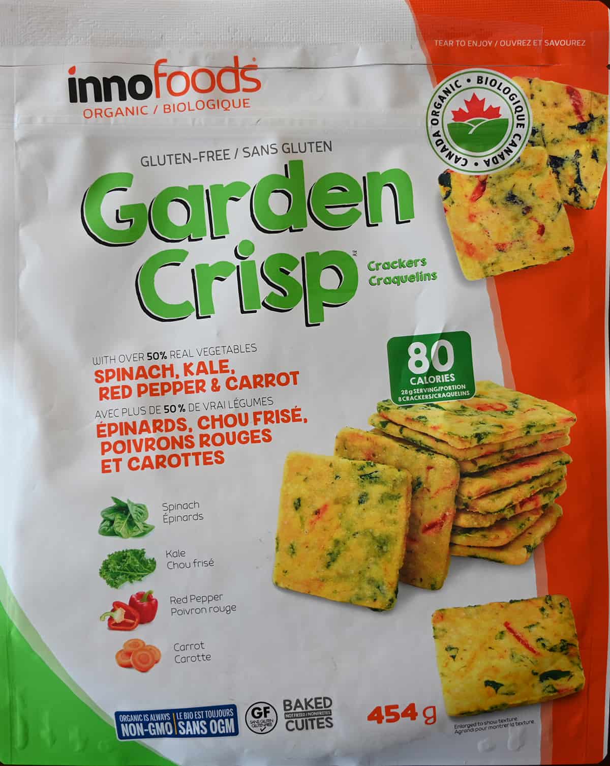 Closeup image of the front of the bag of Innofoods Garden Crsip Crackers.