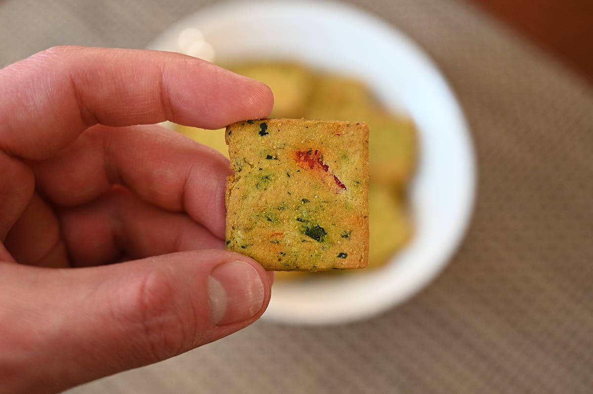 Closeup image of a hand holding one cracker close to the camrera with a bowl of crackers in the background.