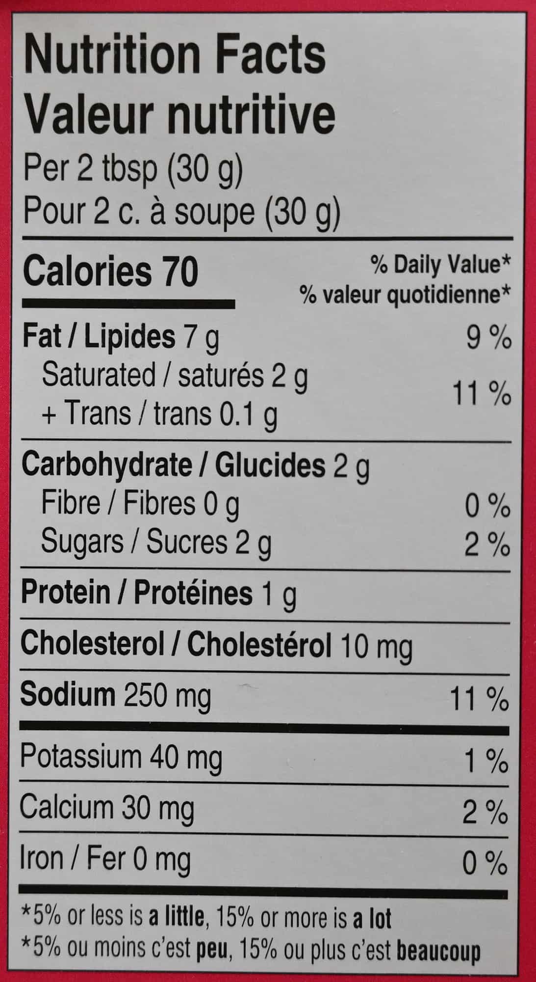 Image of the nutrition facts for the dip from the packaging.