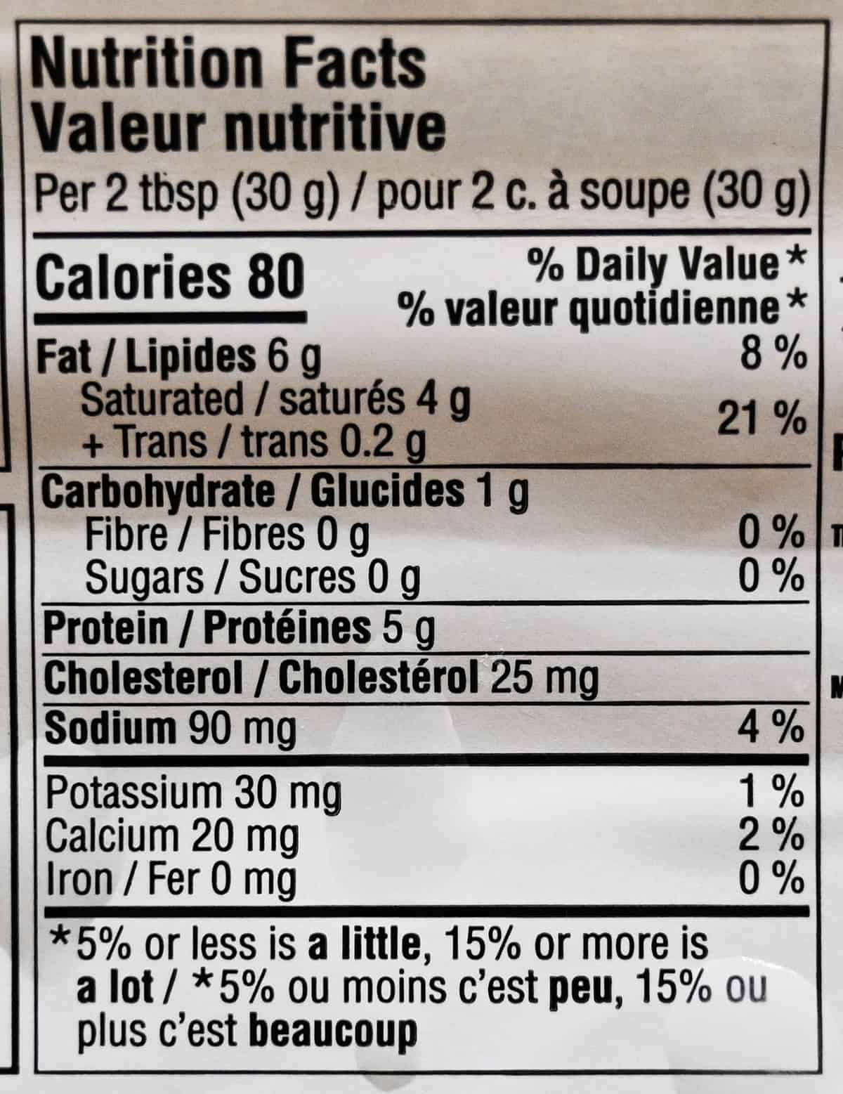 Image of the nutrition facts from the package.