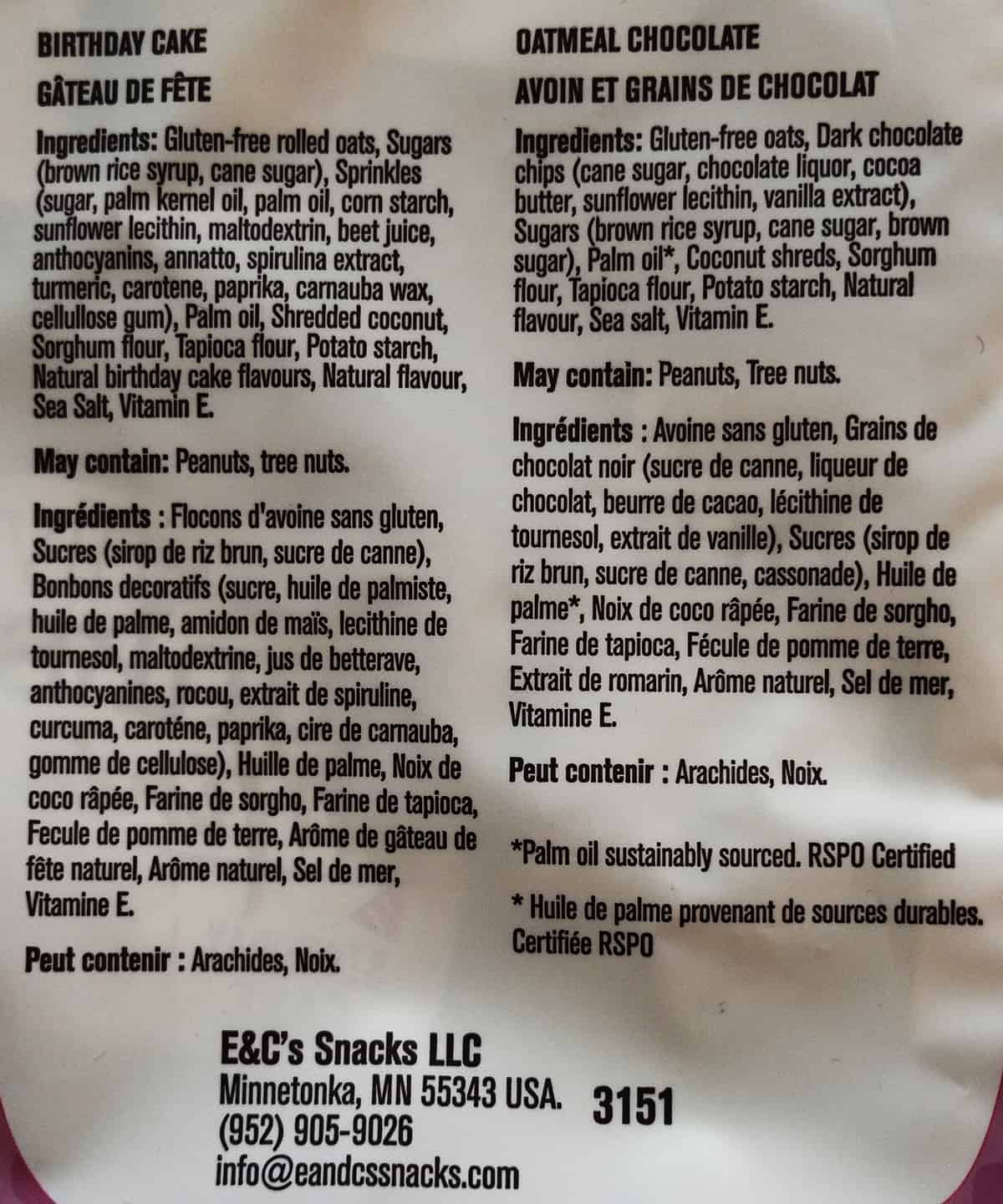 Image of the ingredients list from the back of the bag.