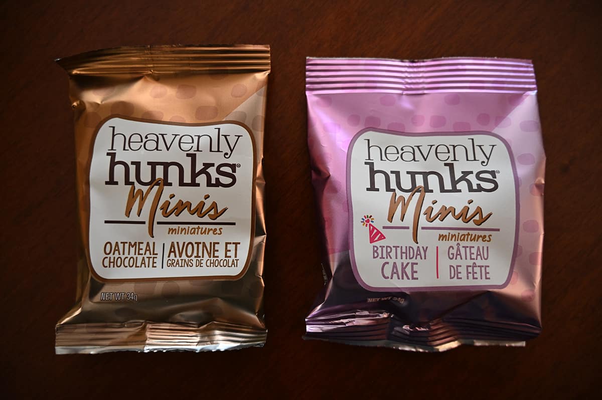 Image of the individual packs of minis, oatmeal chocolate on the left birthday cake on the right.