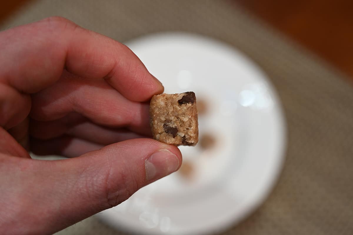 Closeup image of a hand holding one oatmeal chocolate hunk close to the camera with a plate of hunks in the background.