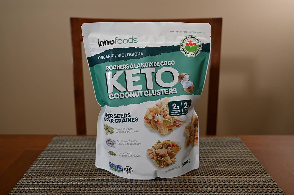 Image of the Costco Innofoods Keto Coconut Clusters bag sitting on a table.